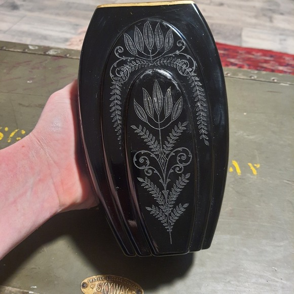 Antique Fostoria Black Ebony Glass Etched Fern Gold Trim Vintage Art Deco Vase - Picture 3 of 12